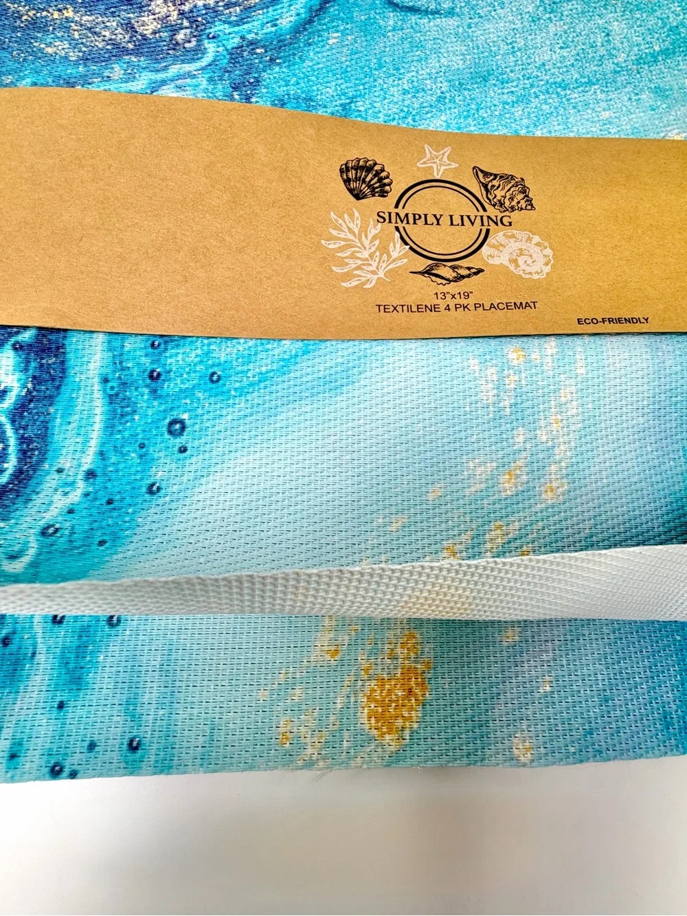 Simply Living Set of 8 Placemats Blue Teal Marble Gold Coastal 13x19 NEW